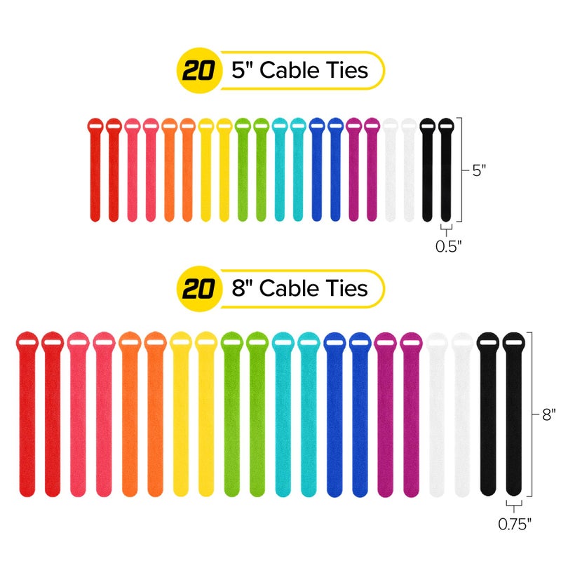 Wrap-It Storage Self-Gripping Cable Ties by Wrap-It Storage, Multi-Color, 40 Pack (5 Inch and 8 Inch Straps) â€“ Reusable Hook and Loop Cord Keeper, Cable Wrappers for Cord Management and Home Office Desk Organization - Image 4